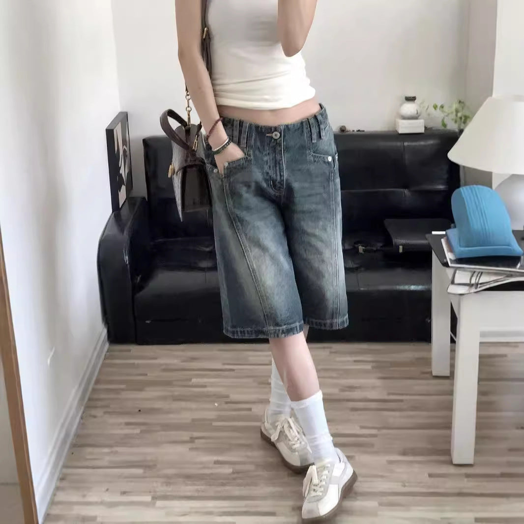 American vibe retro washed old denim shorts women's high street tide brand design sense loose straight five-point pants