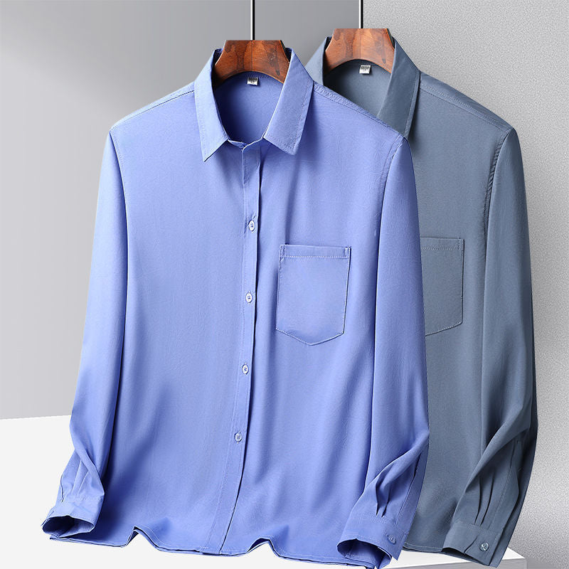 Middle-aged and elderly men's shirts, ice silk casual long-sleeved shirts, thin dads, summer clothes, loose solid color grandpa clothes