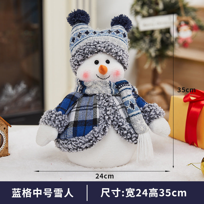 Cross-border Christmas decorations ski snowman doll tabletop doll blue plaid fabric Christmas iron foot snowman ornament