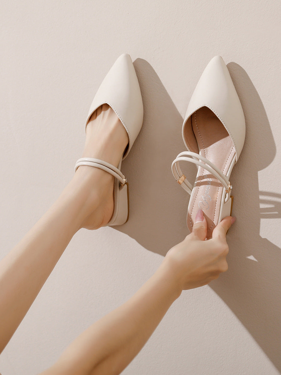 Baotou sandals women's summer 2025 new pointed toe block heel semi-drag fairy style wear flat slip-on single shoes