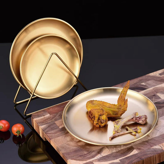 Korean stainless steel plates, light luxury gold round plates, tableware, fruit plates, bone plates, barbecue plates, storage racks, and bone spitting plates