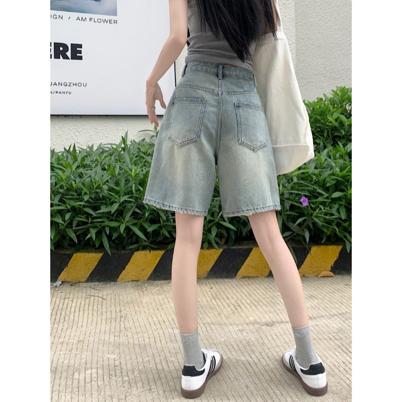 Summer thin denim light blue five-point shorts, women's pear-shaped body, loose large size, fat mm, thin wide-legged midpants