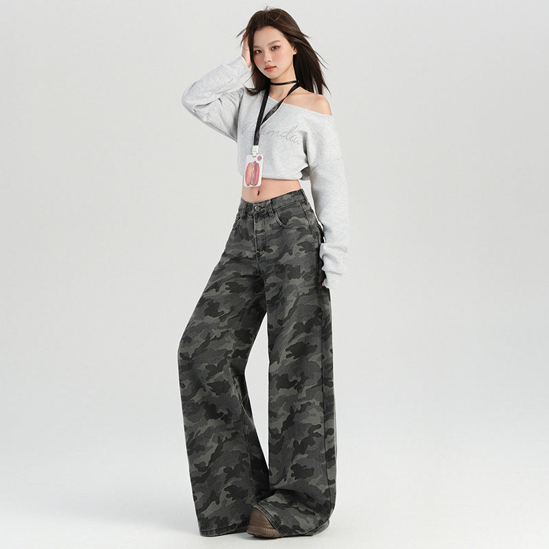 Orange silk women's american babes camouflage high waist wide leg slacks women's summer new high street slim mop pants