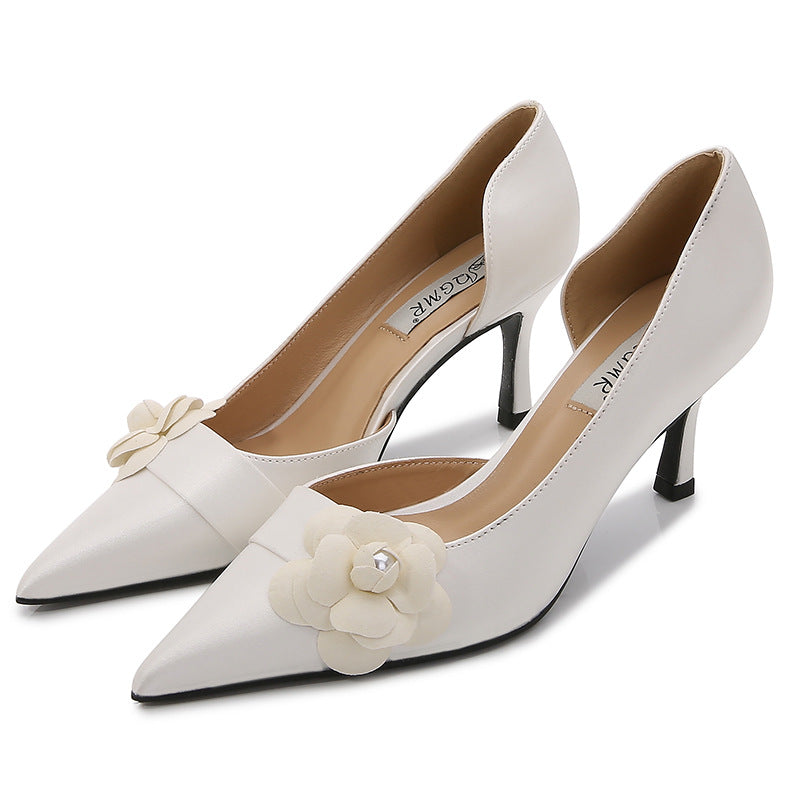 Carefully selected high heels Huidong County stiletto sandals 2023 fairy French design camellia white wedding shoes satin