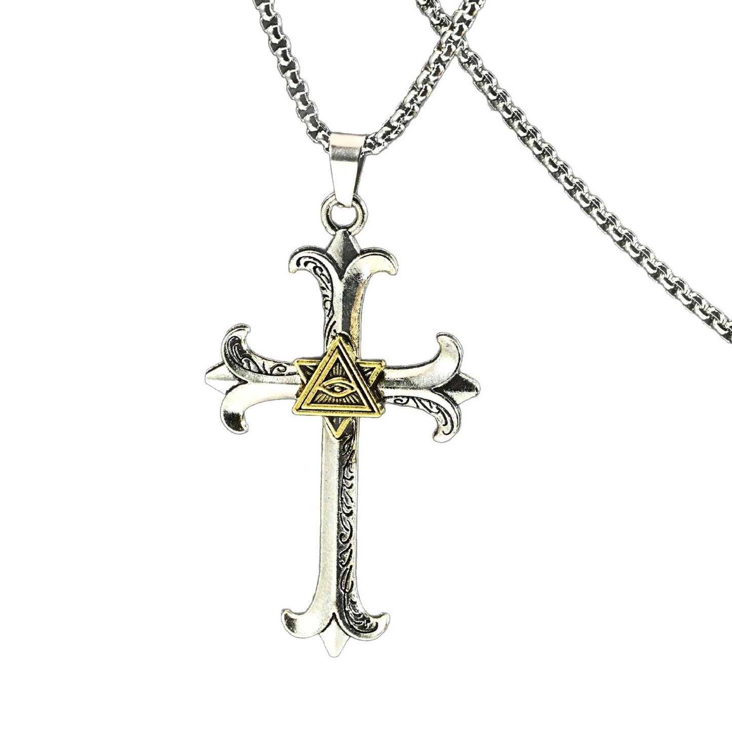 Cross-border hip hop eye of God men's cross pendant Thai silver old personality niche necklace pendant hip hop style
