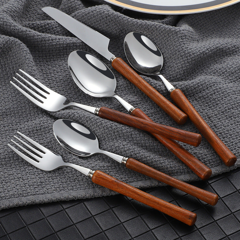 Japanese style 304 stainless steel knives, forks and spoons, high-grade wood-handled tableware, household high-value wood-handled steak knives, dessert spoons