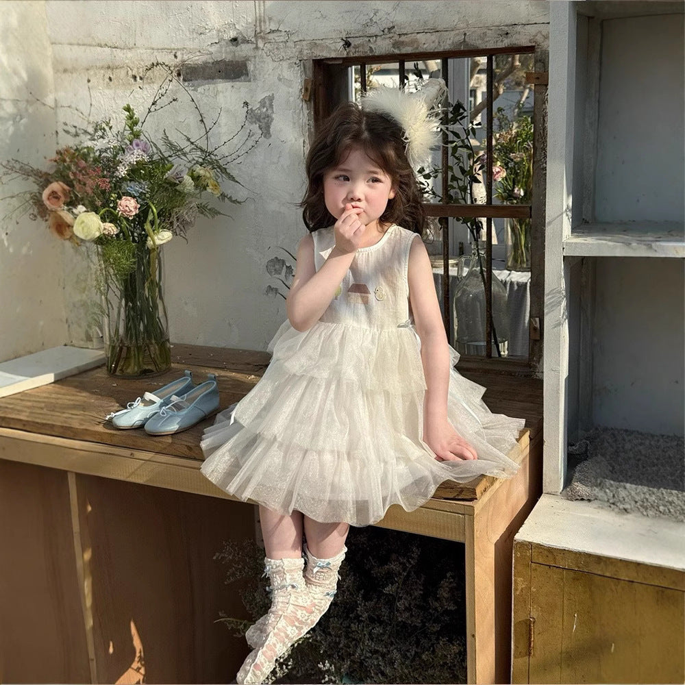 Korean children's clothing 25 summer new girls children's Korean version cartoon sleeveless mesh patchwork dress princess gauze skirt