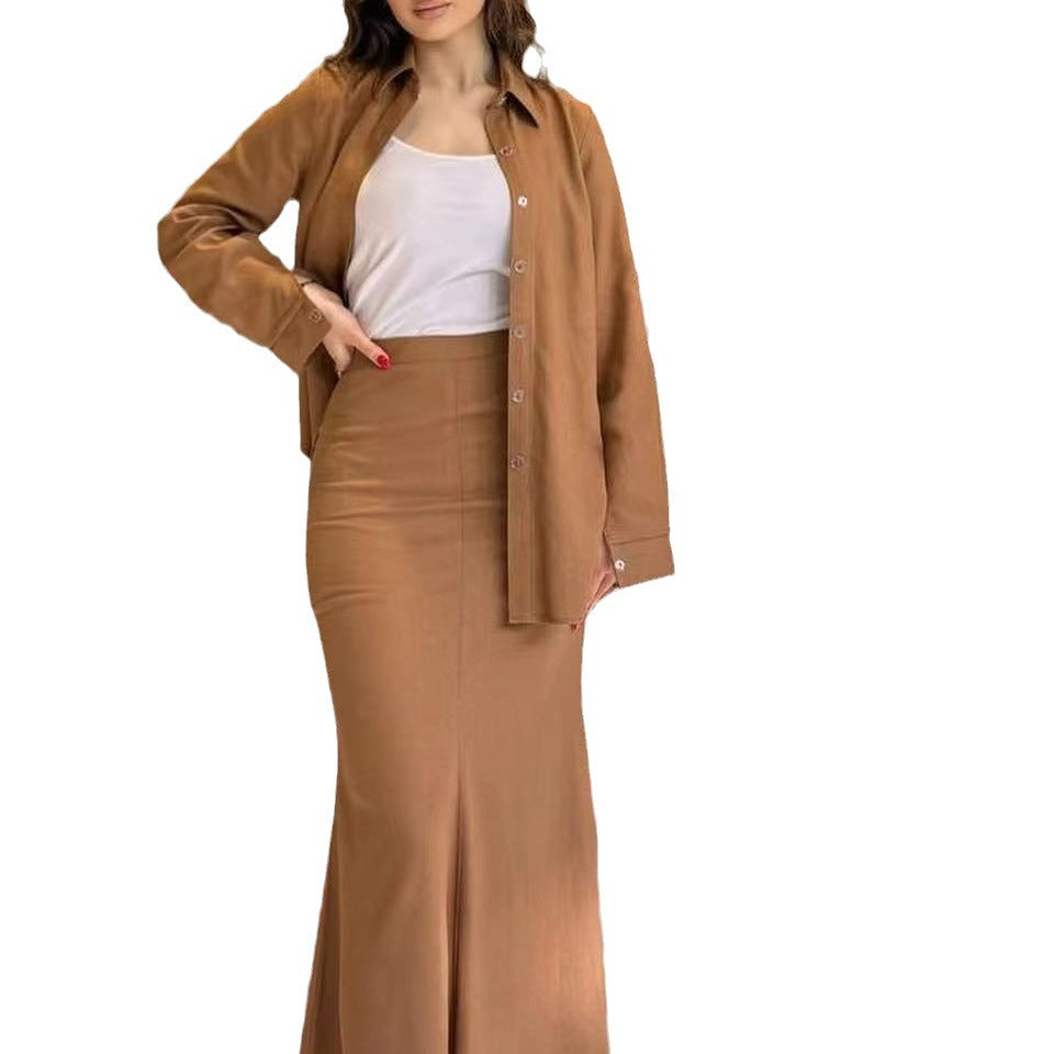 2024 cross-border foreign trade new women's fashion suit, solid color linen cotton fabric lapel top, long skirt