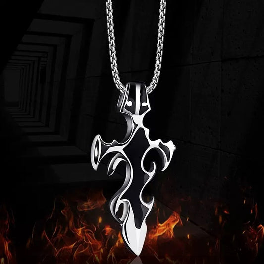 European and American hip hop style titanium steel flame cross pendant premium sense men's necklace wholesale versatile sweater chain accessories