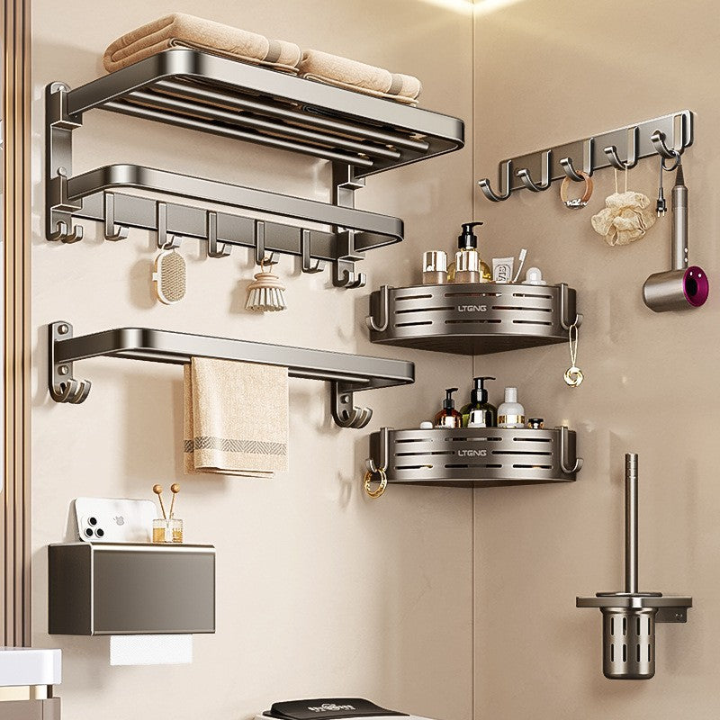Gun ash towel rack non-punch toilet five-piece set shelf space aluminum toilet high-end bathroom bath towel rack