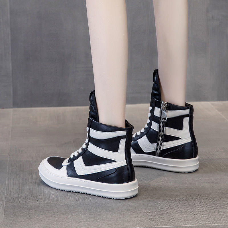 ro inverted triangle leather casual shoes for men and women couples hip-hop shoes 20 autumn and winter thick-soled Korean high-top personality short boots