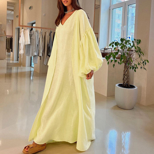 Foreign trade women's clothing 2024 spring and autumn new casual vest dress puff sleeve solid color robe set of two