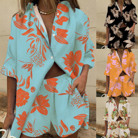 2023 European and American new women's cross-border lapel short-sleeved printed shirt two-piece set wide-leg elasticated waist pants shorts