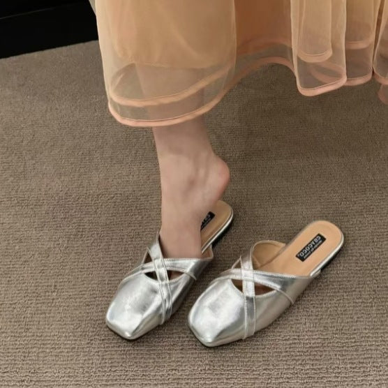 French-style Baotou sandals for women to wear retro and versatile square toe Korean version of crossover strap Baotou Four Seasons shoes for women 1