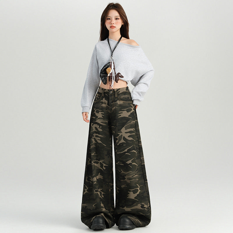Orange silk women's american babes camouflage high waist wide leg slacks women's summer new high street slim mop pants