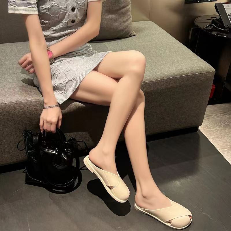 2024 summer new fish mouth net red baotou semi-slippers for women to wear soft soles and comfortable lazy slippers for women