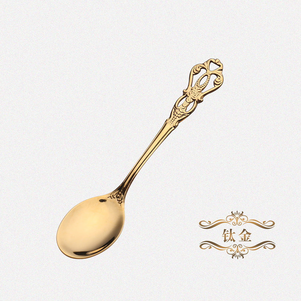 Royal Hollow Embossed Dessert Spoon Three-Tooth Fork Stirring Spoon Set European Style Carved Tableware Gift Vintage Spoon