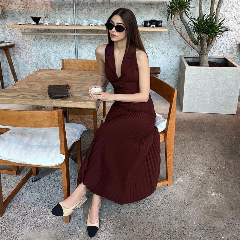 European and American cross-border women's clothing 2024 summer new suit collar suit vest top mid-length pleated skirt set
