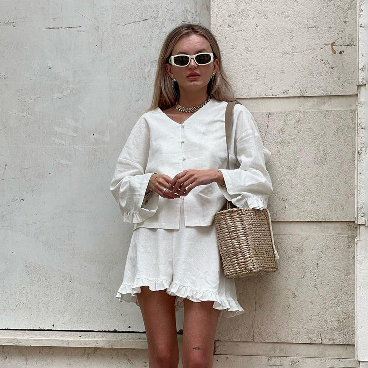 2023 Foreign Trade Women's Summer New Suit Beige Long Sleeve Loose Casual Shirt High Waist Shorts Two-Piece Set