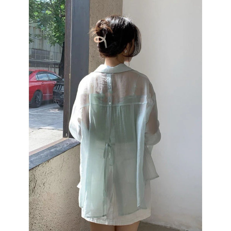 Yuejiaoer chiffon thin back slit shirt women's sunscreen shirt summer dress new versatile Han Fan fashion shirt tide
