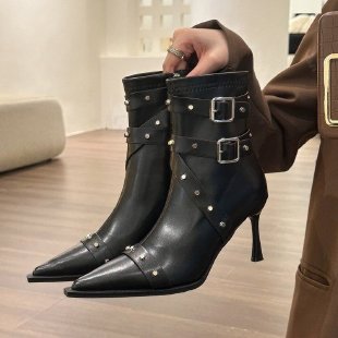 European and American new pointed toe thin heel metal rivet motorcycle catwalk women's boots belt buckle tassel plus size knight fashion boots