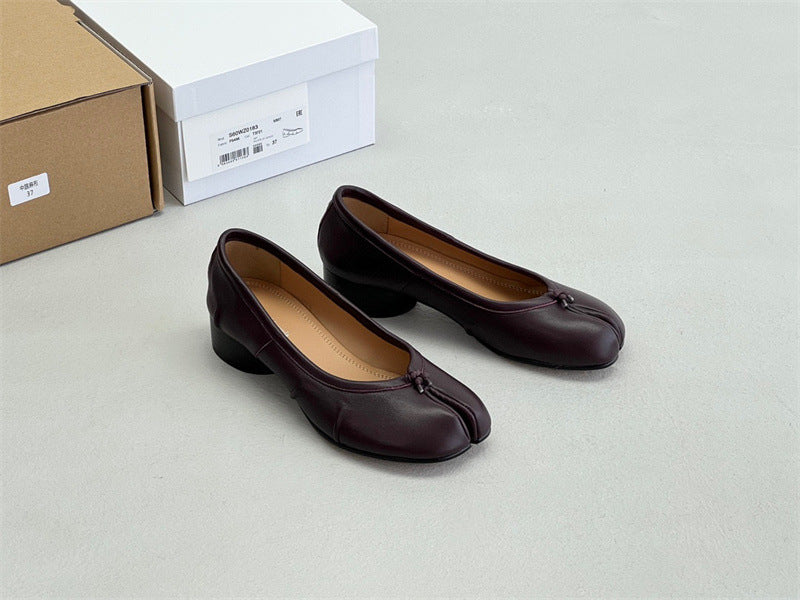 Pure original classic tabi new pleated tabi shoes female leather shallow mouth mid-heel pig's trotter ballet soft leather shoes
