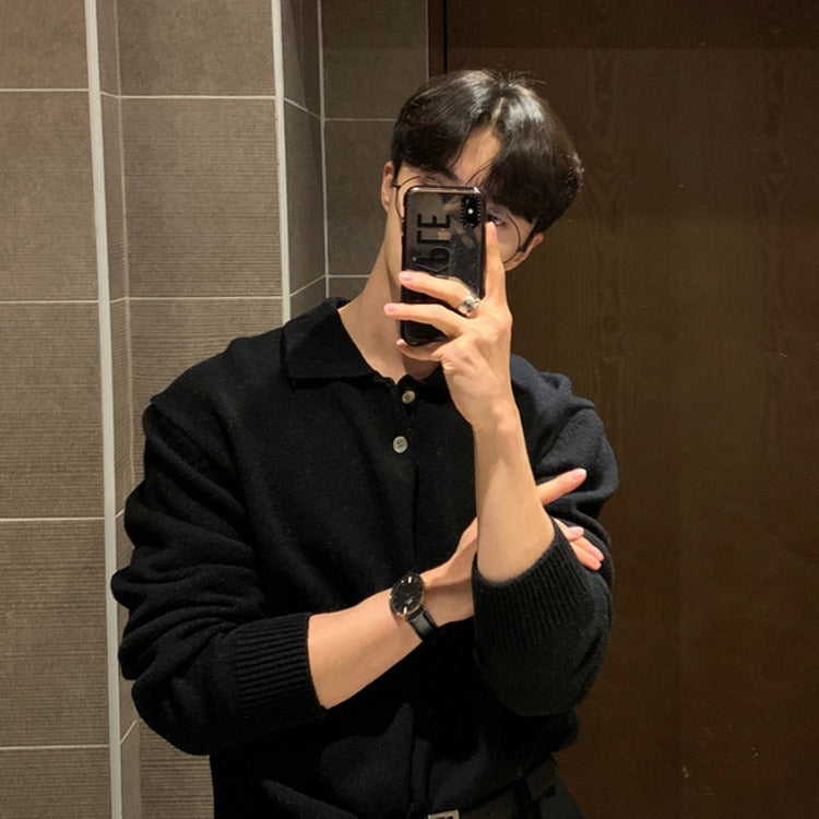 New sweater men's trend DongdaemunKorean men's lapel designer polo collar skin-friendly loose knit