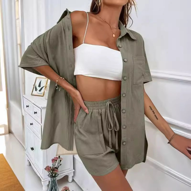 European and American cross-border AliExpress fashion shorts, two solid color shirt sets, casual loose short-sleeved single-breasted women's clothing