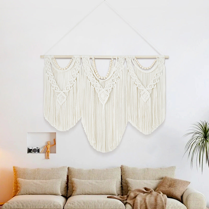 Spliced three-section stick decoration tapestry Hand woven tapestry cotton rope woven tassel door curtain interior and exterior decoration