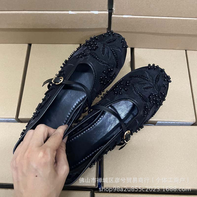 Embroidered pearl mesh ballet shoes women's fashion cut-out mesh round toe flat buckle strap Mary Jane shoes