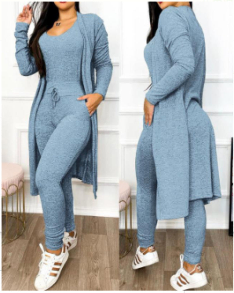 Cross-border European and American foreign trade, new autumn and winter fashion long jumpsuits, long cardigans, casual suits, long sleeves in stock