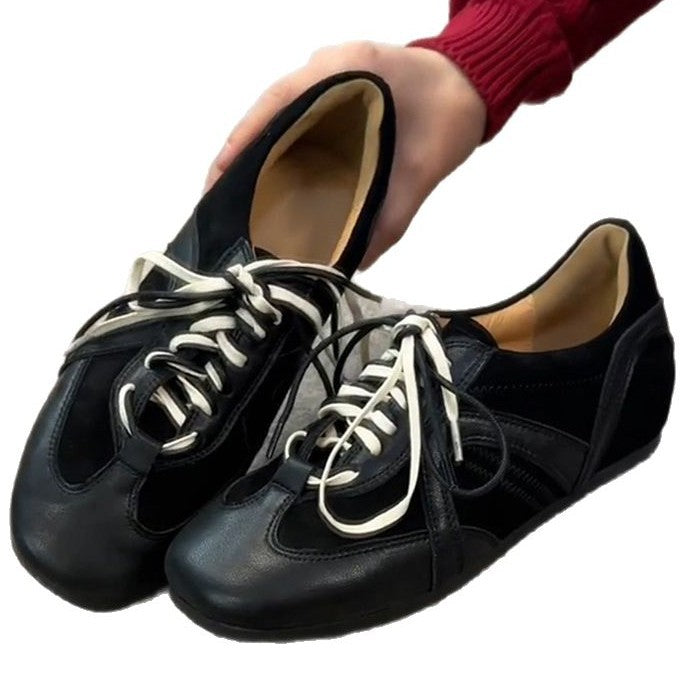 Cowhide version ~ retro black German training shoes lace-up Forrest Gump shoes women's inner height, casual board shoes, versatile sneakers
