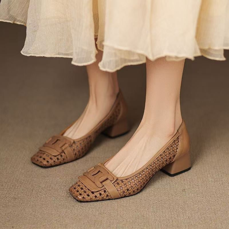 French pumps women's spring/summer 2025 new square-toe hollow breathable flat versatile Mary Jane shoes