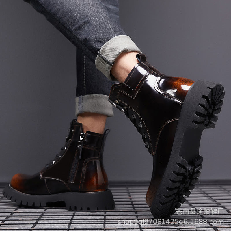 2024 Autumn Winter Martin Boots Men's Thick-soled Mid-Top Trend Workwear Shoes Wear-Resistant Cotton Warm Leather Shoes Manufacturers Wholesale