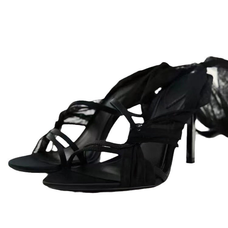 ZAZBLBQNRA WOMEN'S SHOES FAIRY STYLE STRAP UP NET CELEBRITY OPEN TOE HIGH HEEL SANDALS WOMEN'S SUMMER HIGH HEELS FRENCH SANDALS WOMEN