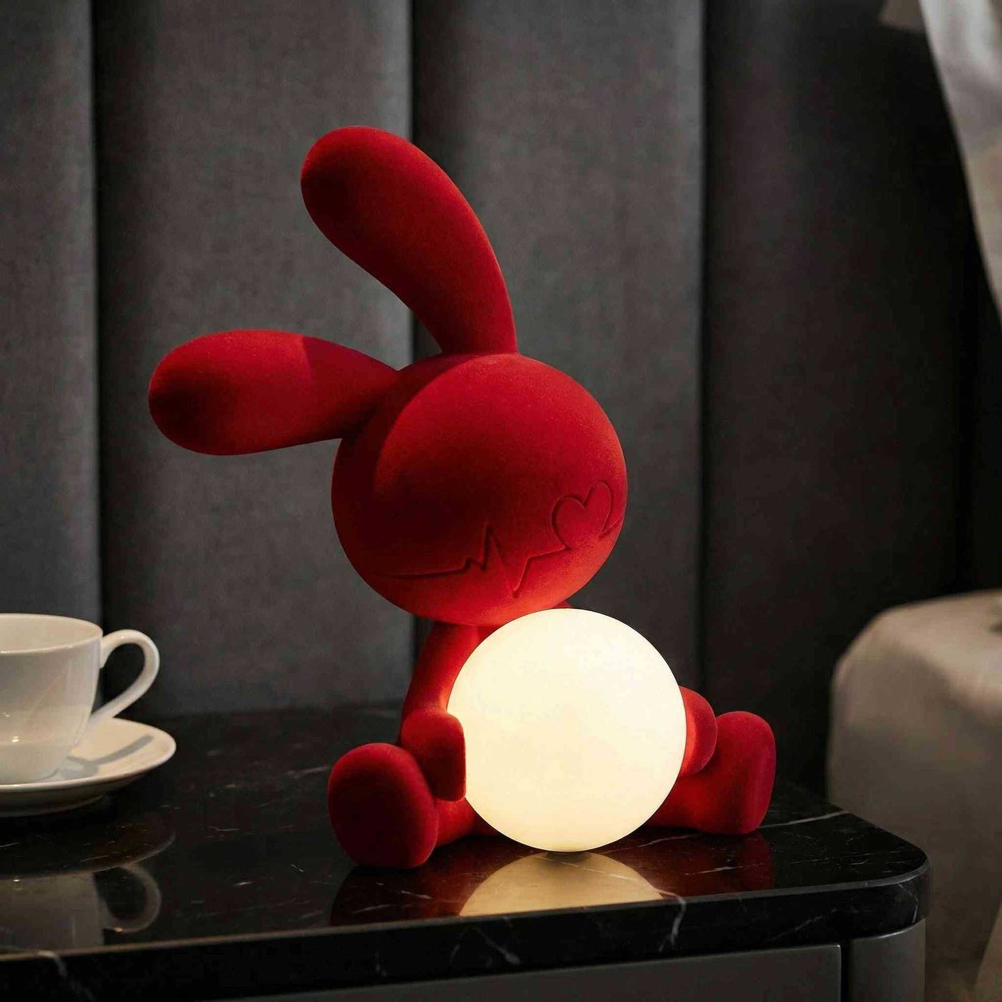Red flocked cute rabbit night light resin desktop ornament bedroom decoration creative animal shape