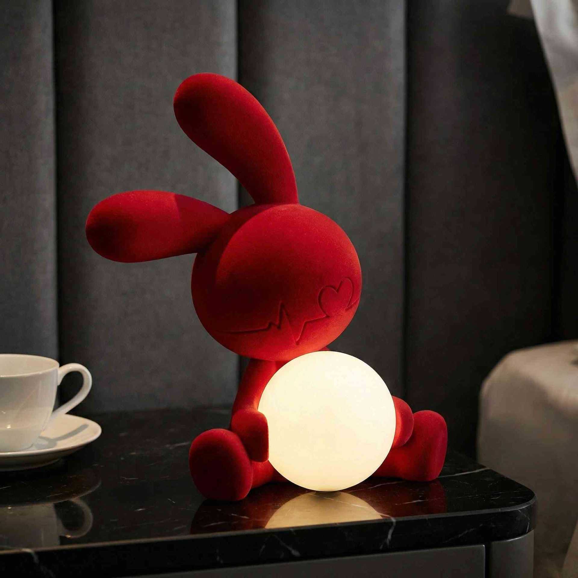 Red flocked cute rabbit night light resin desktop ornament bedroom decoration creative animal shape
