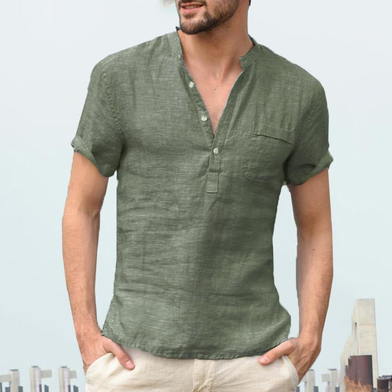 European and American hot sale men's solid color stand-up collar semi-open thin short-sleeved shirt tops foreign trade men's clothing
