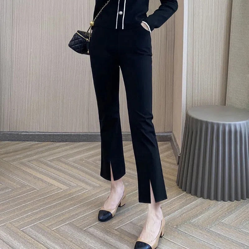 Pear-shaped body, slightly flared, slit, cropped suit pants, women's spring and summer, new small man, large size, flesh covering, thin long pants