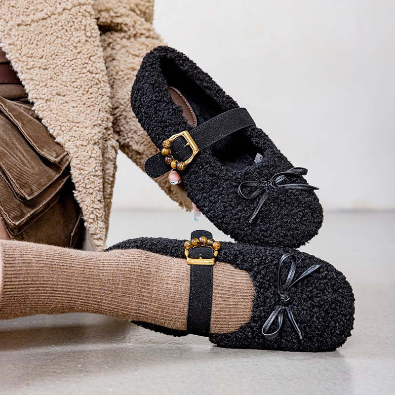9727 Korean bow cashmere wool shoes women's 2025 autumn and winter new flat one-button Mary Jane shoes