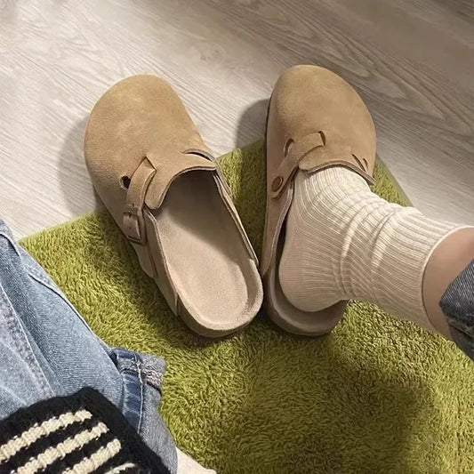 New thick-soled Birkenstock shoes semi-slippers women's spring retro slip-on toe slippers with increased height Boken shoes