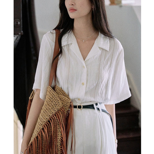 Jicoutre "Nanyang Holiday" loose short sleeve Cuban collar shirt women's summer French vintage casual top