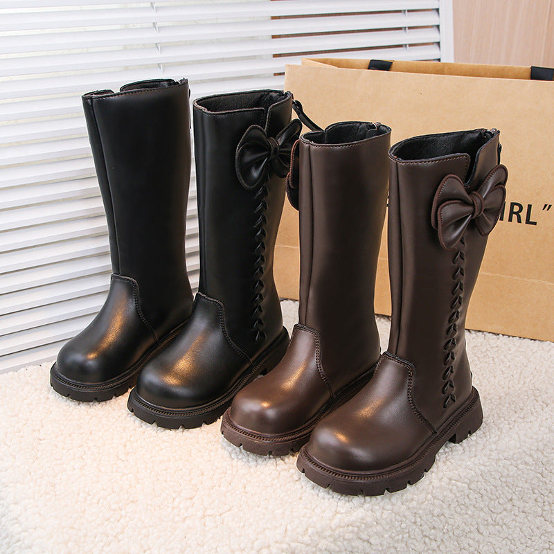 Girls' boots autumn and winter new Korean fashion boots in the middle and big boys with foreign bows and catwalk boots with fleece