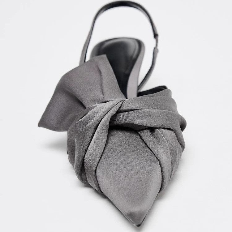 ZA2025 Spring/Summer New Gray Silk Satin Texture Knot Slingback Pointed Toe Mules Cat Heel Toe Sandals Women