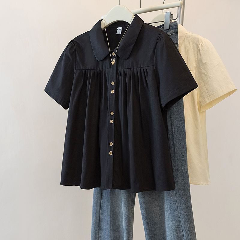 Plus Size Women's French Short Sleeve Shirt Summer 2025mm New Slim Slightly Chubby Flesh Covering Blouse Short
