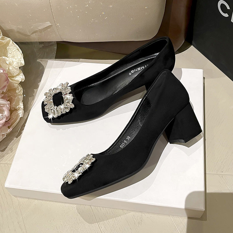 Black suede commuter high heels women's 2025 spring and autumn new square toe thick heel shallow rhinestone professional French shoes