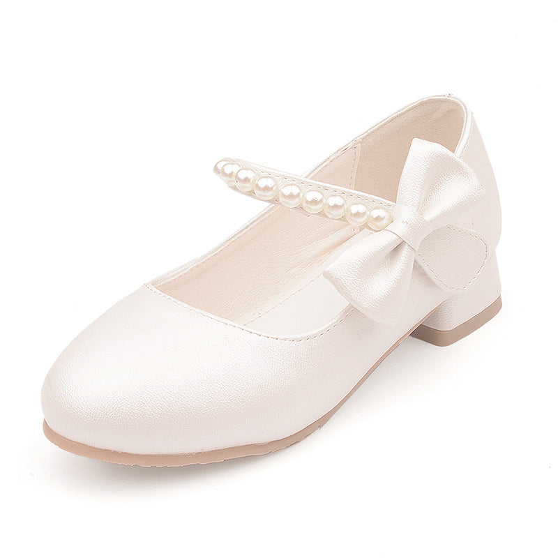 Children's shoes factory wholesale children's leather shoes white bow spring and autumn girls high-heeled princess shoes pearl tide shoes