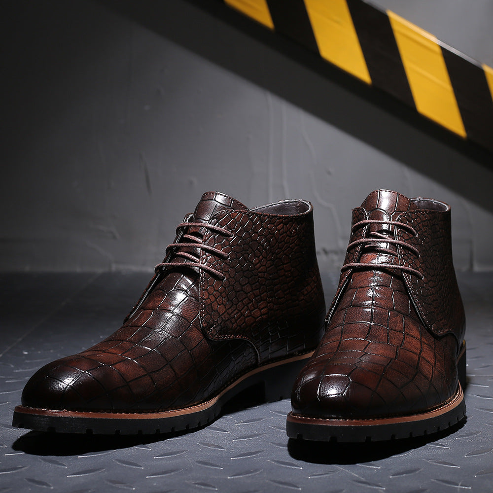 New men's round toe casual shoes men's leather boots front lace-up embossed martin boots plus size men's shoes cross-border foreign trade