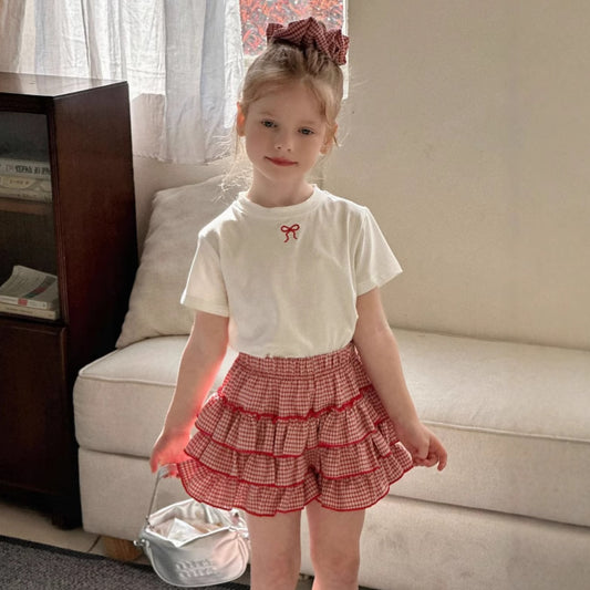 Girls' culottes and pants set 2025 summer new children's embroidered bow T-shirt baby plaid shorts two-piece set