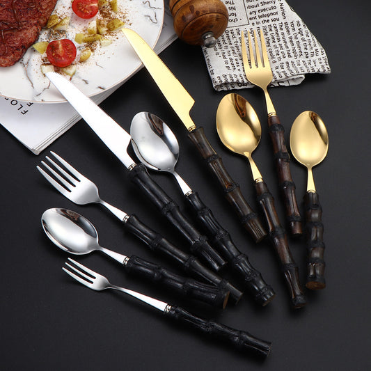 Cross Border Cutlery Set Natural Bamboo Handle Knife Fork Spoon Creative Stainless Steel Spoon Knife Fork Hotel Gift Set